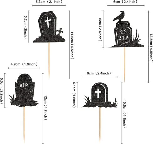 Ercadio 24PCS Halloween Tombstone Cupcake Toppers Glitter Black RIP Cemetery Graves Crow Cross Cupcake Picks for Halloween Theme Birthday Party Cake Decorations Supplies in Kuwait