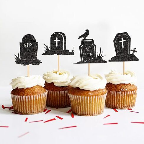 Ercadio 24PCS Halloween Tombstone Cupcake Toppers Glitter Black RIP Cemetery Graves Crow Cross Cupcake Picks for Halloween Theme Birthday Party Cake Decorations Supplies in Kuwait