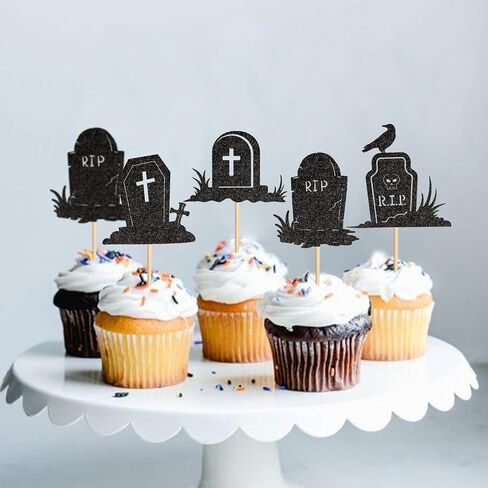 Ercadio 24PCS Halloween Tombstone Cupcake Toppers Glitter Black RIP Cemetery Graves Crow Cross Cupcake Picks for Halloween Theme Birthday Party Cake Decorations Supplies in Kuwait