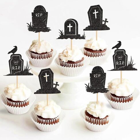 Ercadio 24PCS Halloween Tombstone Cupcake Toppers Glitter Black RIP Cemetery Graves Crow Cross Cupcake Picks for Halloween Theme Birthday Party Cake Decorations Supplies in Kuwait