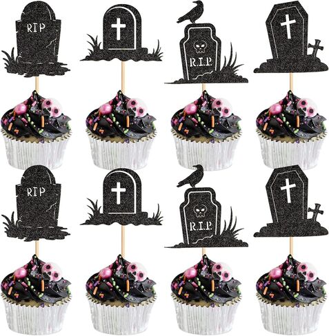 Ercadio 24PCS Halloween Tombstone Cupcake Toppers Glitter Black RIP Cemetery Graves Crow Cross Cupcake Picks for Halloween Theme Birthday Party Cake Decorations Supplies in Kuwait