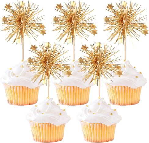 30 PCS Foil Firework Cupcake Toppers Happy Birthday Cake Toppers Star Sparkle Tinsel Flower Drink Stirrers Cocktail Fruit Toothpicks for Valentine's Day Baby Shower Birthday Party Supplies Gold in Saudi Arabia