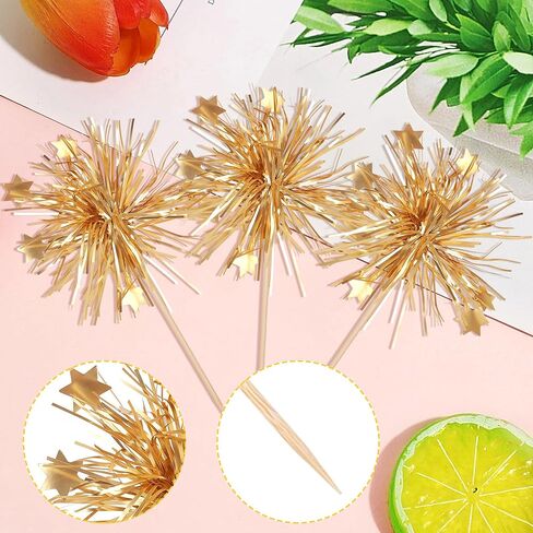 30 PCS Foil Firework Cupcake Toppers Happy Birthday Cake Toppers Star Sparkle Tinsel Flower Drink Stirrers Cocktail Fruit Toothpicks for Valentine's Day Baby Shower Birthday Party Supplies Gold in Saudi Arabia