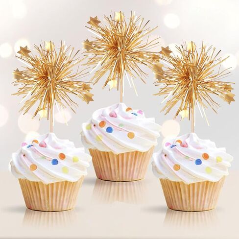 30 PCS Foil Firework Cupcake Toppers Happy Birthday Cake Toppers Star Sparkle Tinsel Flower Drink Stirrers Cocktail Fruit Toothpicks for Valentine's Day Baby Shower Birthday Party Supplies Gold in Saudi Arabia