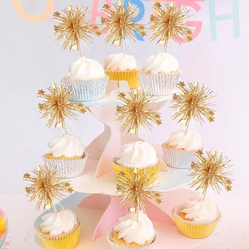 30 PCS Foil Firework Cupcake Toppers Happy Birthday Cake Toppers Star Sparkle Tinsel Flower Drink Stirrers Cocktail Fruit Toothpicks for Valentine's Day Baby Shower Birthday Party Supplies Gold in Saudi Arabia