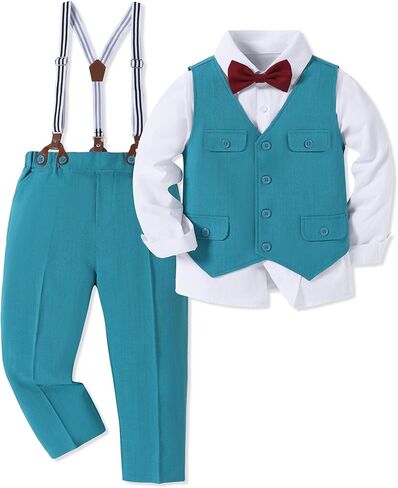 WESIDOM Boy Clothes Suit Formal Dress Shirt+Vest+Bowtie+Suspender Pants Kids Tuxdeo Gentleman Wedding Party Outfits Set in Saudi Arabia