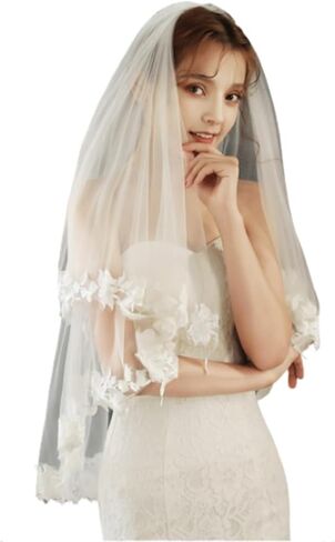 حجاب زفاف مزين بالزهور من طبقتين، حجاب زفاف من الدانتيل الأبيض، حجاب بطول الخصر مع مشط، إكسسوارات للشعر للنساء والفتيات. in Kuwait