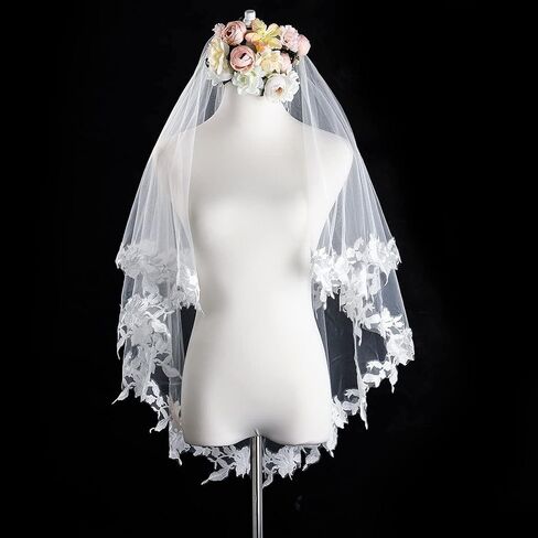 حجاب زفاف مزين بالزهور من طبقتين، حجاب زفاف من الدانتيل الأبيض، حجاب بطول الخصر مع مشط، إكسسوارات للشعر للنساء والفتيات. in Kuwait