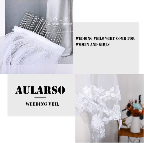 حجاب زفاف مزين بالزهور من طبقتين، حجاب زفاف من الدانتيل الأبيض، حجاب بطول الخصر مع مشط، إكسسوارات للشعر للنساء والفتيات. in Kuwait