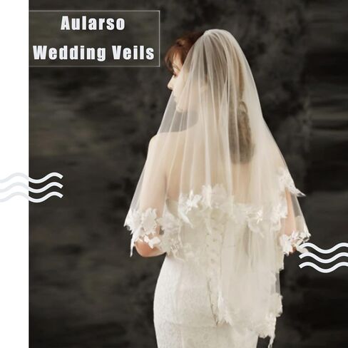 حجاب زفاف مزين بالزهور من طبقتين، حجاب زفاف من الدانتيل الأبيض، حجاب بطول الخصر مع مشط، إكسسوارات للشعر للنساء والفتيات. in Kuwait