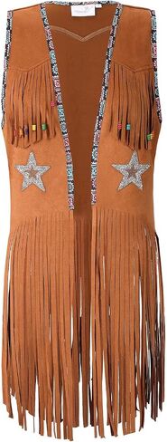Women Tassel Sleeveless Rhinestone Cowgirl Vest 70s Hippie Faux Suede Fringe Jacket in Kuwait