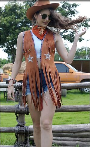 Women Tassel Sleeveless Rhinestone Cowgirl Vest 70s Hippie Faux Suede Fringe Jacket in Kuwait