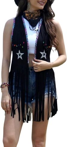 Women Tassel Sleeveless Rhinestone Cowgirl Vest 70s Hippie Faux Suede Fringe Jacket in Kuwait