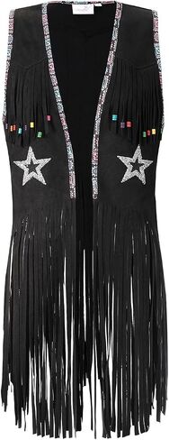 Women Tassel Sleeveless Rhinestone Cowgirl Vest 70s Hippie Faux Suede Fringe Jacket in Kuwait