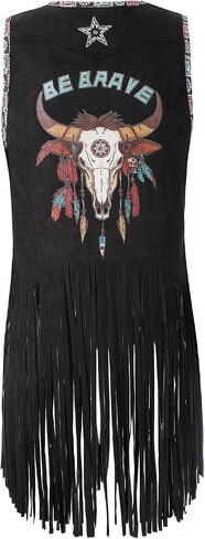 Women Tassel Sleeveless Rhinestone Cowgirl Vest 70s Hippie Faux Suede Fringe Jacket in Kuwait