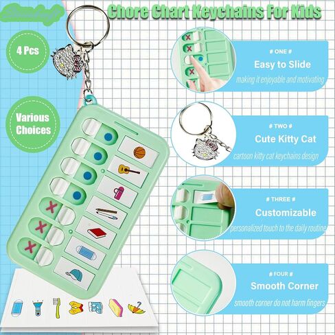 Chore Chart with Kitty Keychains for Multiple Kids, Daily Schedule Task Board, ADHD Tools for Kids Habit and Behavior, Cute Gifts To Do List Key Chain for Backpack, Purse (Pink+Green+Purple+Yellow) in Saudi Arabia