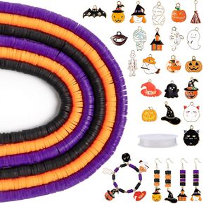 ZAUGONTW Halloween Clay Beads with Charms, 23 Styles Pumpkin, Ghost, Spider Alloy Enamel Pendants, 2100Pcs Flat Round Clay Beads with Elastic Strings for DIY Bracelets Jewelry