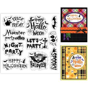 GLOBLELAND Halloween Text Clear Stamps 5.91x5.91 inch Pumpkin Bat Spider Ghost Silicone Clear Stamp Seals Happy Halloween Trick or Treat Transparent Stamps for DIY Scrapbooking Cards Making