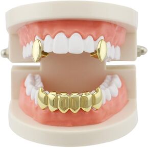 Women and Men Shiny Gold Plated Top and Bottom Teeth Grillz Caps Vampire Fangs Grillz