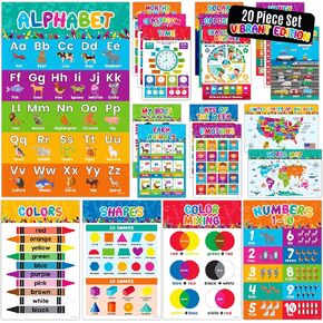 Decorably 20 Vibrant Preschool Posters for Classroom, 11x17in Matte-Laminated Educational Educational Posters for Toddlers 1-3 - Kindergarten