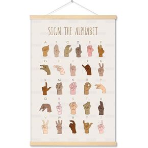 American Sign Language Canvas Hanging, ASL Poster, Sign Language Alphabet, ASL Alphabet Wall Art, ABC Print, Boho Classroom Decor, Educational Poster for Home, School, Nursery, Kids Room - 12x18"