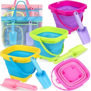 Collapsible Beach Buckets for Kids, Foldable Sand Buckets and Shovels with Mesh Beach Bag, Silicone Beach Sand Pails for Beach Travel, Beach Toys Sand Toys for Kids & Toddlers (2 Buckets)