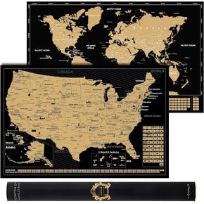 2 in 1 Gift Set - Scratch Off World Map and US Scratch off Map - Easy to Frame Scratchable World and United States of America Posters - Globetrotters Wall Map - Black and Gold Travel Tracker