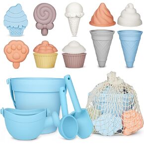 MarcZero 17Pcs Silicone Beach Toys,Modern Baby Beach Toys,Travel Friendly Beach Set,Silicone Bucket, Watering Can, Shovel, 12 Sand Molds, Beach Bag,Silicone Sand Toys for Toddlers, Kids (Pink)