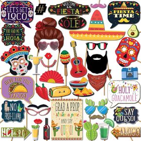 Fiesta Photo Booth Props - 41-pc Photobooth Kit with 8 x 10-Inch Sign, 60 Adhesive Pads, 45 Sticks - Mexican Photo Prop - Fiesta Props - Photo Booth Props Cinco de Mayo