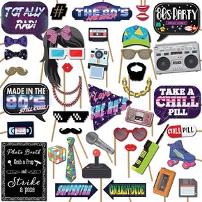 80s Photo Booth Props - 41-pc Photo Prop Kit with 8 x 10-Inch Sign, 60 Adhesive Pads, 45 Sticks - 80s Decorations - 80s Theme Party Decorations - 80's Theme Party Supplies