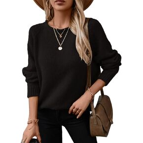 Women Casual Long Sleeve Fall Sweaters Crew Neck Solid Color Soft Ribbed Knitted Curling Pullover