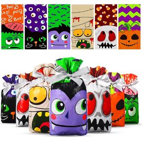 Funrous 48 Pcs Halloween Drawstring Treat Bags Bulk Halloween Plastic Candy Goodie Bags Trick or Treat Party Gift Bags for Kids Birthday Halloween Theme Party Favors Supplies