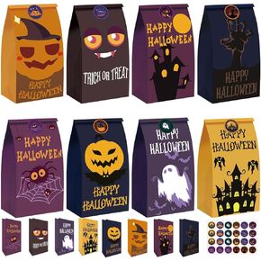 M-sorflly Halloween Treat Bags Large,24pcs Halloween Goodie Bags Paper,Trick or Treat for Kids Candy Bags and 24pcs Halloween Stickers Gift Bags