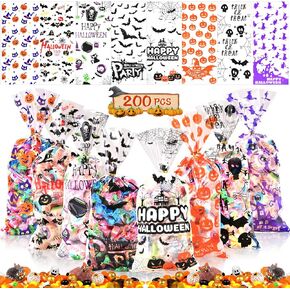 AhfuLife 200PCS Halloween Cellophane Treat Bags, 8 Designs Halloween Clear Candy Bags with Twist Ties for Treat or Treating, Halloween Snack Goodie Bags for Halloween Party Supplies Favors