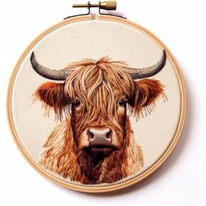 Watercolor Scottish Highland Cow Stamped Cross Stitch Kits for Beginners Easy with Hoop 11CT Needlepoint Embroidery DIY Counted Cross Stitch Kits Art Craft Wall Decor 35x35cm(3)