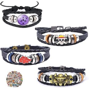 JinYu 4 Pack Anime Fan Bangles Jewelry Cosplay Prop Accessories Anime Bracelet Cuff Bangle Wrist Belt Jewelry Gift Men Braided Leather Bracelet Black With 10 pcs Stickers