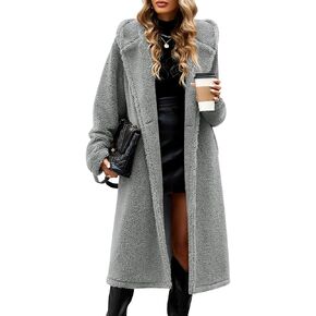 HEEKPEK Women Winter Fuzzy Fleece Lapel Coats Long Cardigan Fluffy Hooded Jackets Faux Fur Warm Overcoats with Pockets Button