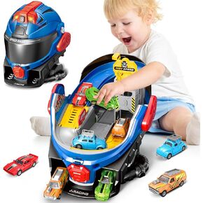 SpringFlower Boys Toys for 3 4 5 6 7 Years Olds, Race Track Toys,Race Helmet Design with 4 Die cast car Toy,Car Toys Set for Toddlers,Ideal Gift for 3 4 5 6 7 Years Old Kids
