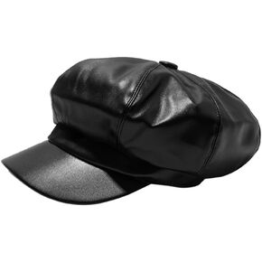 Newsboy Hats for Womens PU Leather 8 Panels Baker Boy Cabbie Baker Boy Hat Beret Cap Vintage Visor Hat (Black)