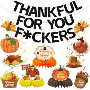 Thankful for You Banner Thanksgiving Party Decorations Include Colorful Funny Banner Hanging Swirls and Honeycomb Centerpiece for Fall Friendsgiving Thanksgiving Party Supplies