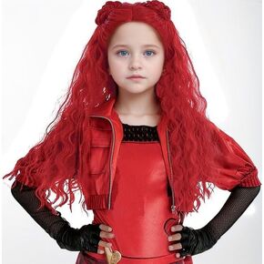 MAGQOO Red Wig with Two Braided Buns Long Curly Red Cosplay Wig Halloween Costume Party Wig