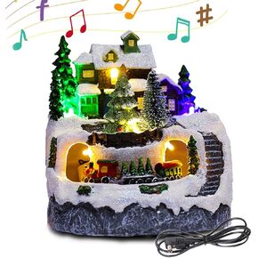 منزل قرية عيد الميلاد LED مضاء منزل عيد الميلاد الموسيقي مع قطار متحرك و8 موسيقى راتينج عيد الميلاد بناء منزل قابل للجمع لعطلة سنو غلوب ديكور منزلي لعيد الميلاد العتيق in Kuwait
