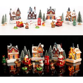 24Pcs Christmas Village Sets, Resin Christmas Village Houses with LED Light, Christmas Town Scene Figurines Building Sets, Christmas Indoor Decor Collection Buildings