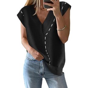 Women’s Sweater Vests, V Neck Sleeveless Ribbed Knit Vest Tops, Oversized Vests Pullover