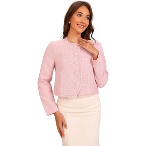 Allegra K Plaid Tweed Jacket for Women's Crew Neck Cropped Button Up Elegant Work Jackets