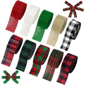 Whaline 10 Rolls 50 Yards Christmas Burlap Ribbon Rolls 1 Inch Wired Plaid Wrapping Ribbon Xmas Decorative Ribbon for Wreath Bow Gift Decor