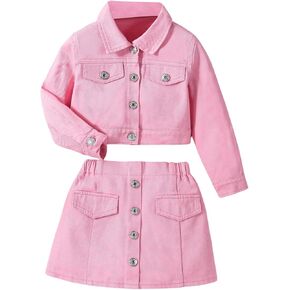 WDIRARA Girl's 2 Piece Outfits Button Front Long Sleeve Denim Jacket and A Line Skirt Set
