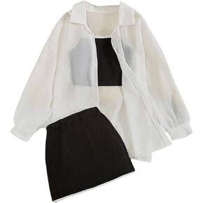 SweatyRocks Girl's 3 Piece Outfits Sheer Button Down Shirt and Camisole with Skirts Set
