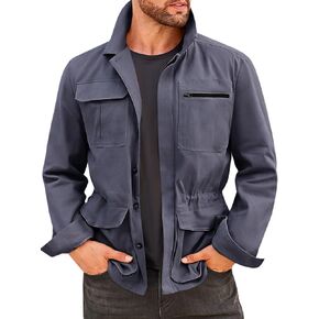 Runcati Mens Lightweight Button Down Jackets Casual Cotton Safari Jacket Military Cargo Long Sleeve Outwear Coat
