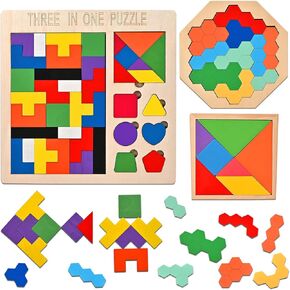 3 Pack Wooden Blocks Puzzles, 3-in-1 Russian Blocks, Octagon Puzzle, Tangrams Puzzles, Brain Teasers Toy Logic Game, Montessori STEM Educational Toys Present for Kids and Adults